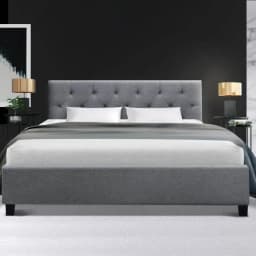 Double Size Grey Upholstered Bed Frame Modern Wooden Support Platform Bed for Home Bedroom Storage Friendly Durable Construction