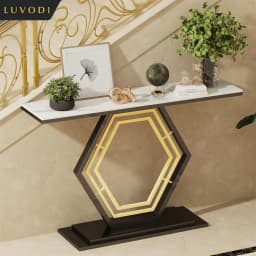 120cm Modern Console Entry Table Geometric Base Sintered Stone Top Long Accent Table for Hallway Foyer Decor Storage