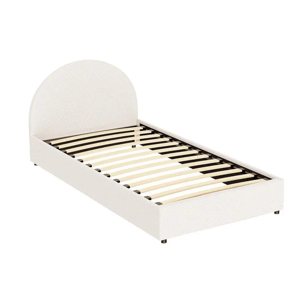 King Single Gas Lift Storage Bed Frame Platform Base with Boucle Fabric Upholstered Headboard and Spacious Underbed Storage