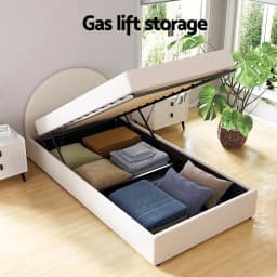 King Single Gas Lift Storage Bed Frame Platform Base with Boucle Fabric Upholstered Headboard and Spacious Underbed Storage