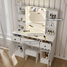 LED Vanity Desk Set with Mirror & Stool, 3 Drawers Dressing Table Makeup Station, Large Cosmetic Organizer with Lights for Bedroom, Easy Assembly