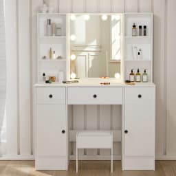 LED Vanity Desk Set with Mirror & Stool, 3 Drawers Dressing Table Makeup Station, Large Cosmetic Organizer with Lights for Bedroom, Easy Assembly