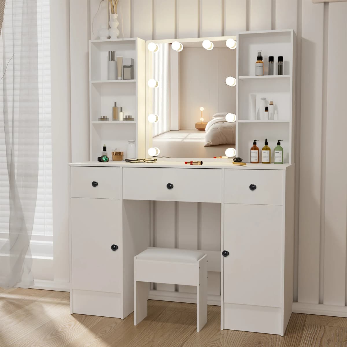 LED Vanity Desk Set with Mirror & Stool, 3 Drawers Dressing Table Makeup Station, Large Cosmetic Organizer with Lights for Bedroom, Easy Assembly