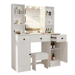 LED Vanity Desk Set with Mirror & Stool, 3 Drawers Dressing Table Makeup Station, Large Cosmetic Organizer with Lights for Bedroom, Easy Assembly