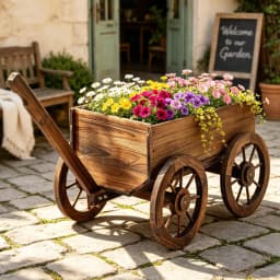 Wooden Planter Cart Garden Plant Stand Fir Wood Flower Wagon with Wheels XL Outdoor Decor Storage Display Rack