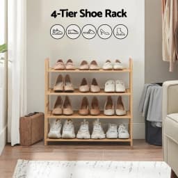4 Tier Bamboo Shoe Rack Storage Organiser Pine Finish