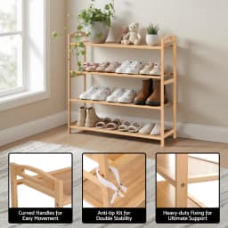 4 Tier Bamboo Shoe Rack Storage Organiser Pine Finish