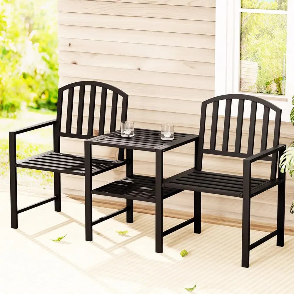 Outdoor Garden Bench Loveseat Steel Frame Patio Seating Set Black Outdoor Furniture