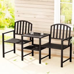Outdoor Garden Bench Loveseat Steel Frame Patio Seating Set Black Outdoor Furniture