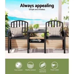 Outdoor Garden Bench Loveseat Steel Frame Patio Seating Set Black Outdoor Furniture