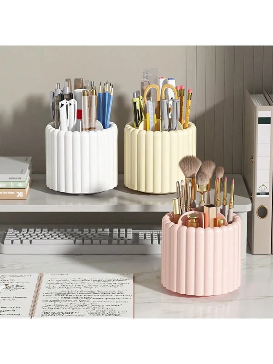 1pc 360° Rotating Makeup Brush Desktop Organizer, Large Capacity Cosmetic Storage Box For Dressing Table Student Pen