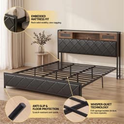 King Bed Frame with LED Lights Storage Headboard and Charging Station Modern Upholstered Platform Bed Frame for Bedroom with Strong Support and Easy Assembly