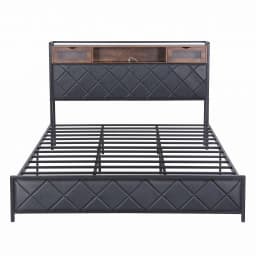 King Bed Frame with LED Lights Storage Headboard and Charging Station Modern Upholstered Platform Bed Frame for Bedroom with Strong Support and Easy Assembly
