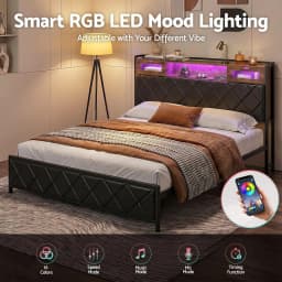King Bed Frame with LED Lights Storage Headboard and Charging Station Modern Upholstered Platform Bed Frame for Bedroom with Strong Support and Easy Assembly