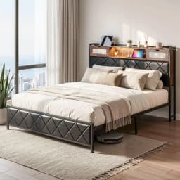 King Bed Frame with LED Lights Storage Headboard and Charging Station Modern Upholstered Platform Bed Frame for Bedroom with Strong Support and Easy Assembly