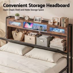 King Bed Frame with LED Lights Storage Headboard and Charging Station Modern Upholstered Platform Bed Frame for Bedroom with Strong Support and Easy Assembly