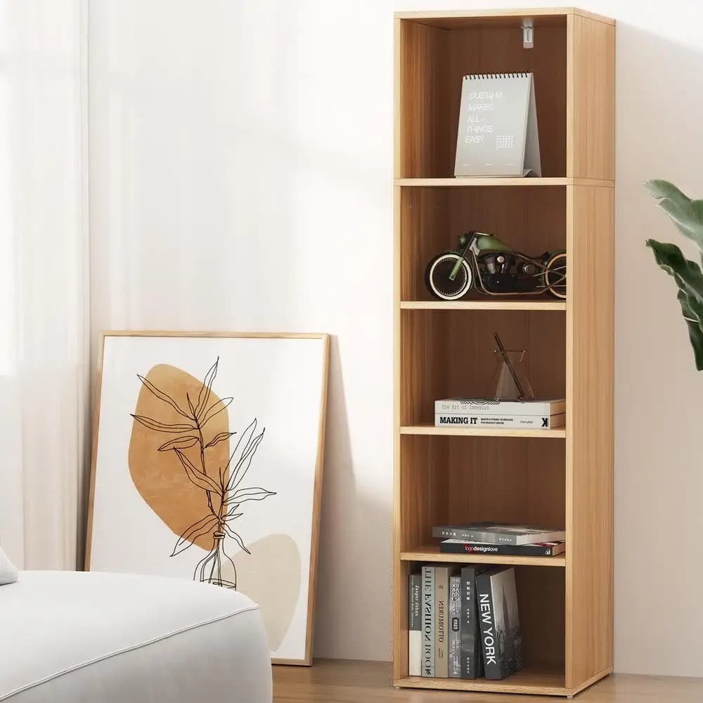 5 Tier Pine Bookshelf Tall Wooden Storage Organizer Open Display Shelf for Home Office Living Room Furniture