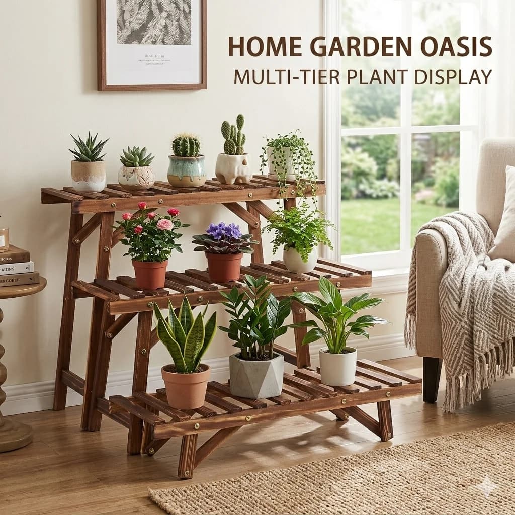 3 Pack Wooden Plant Stands Pine Wood Plant Shelf Set 70cm Wide Freestanding Flower Pot Display for Living Room Balcony