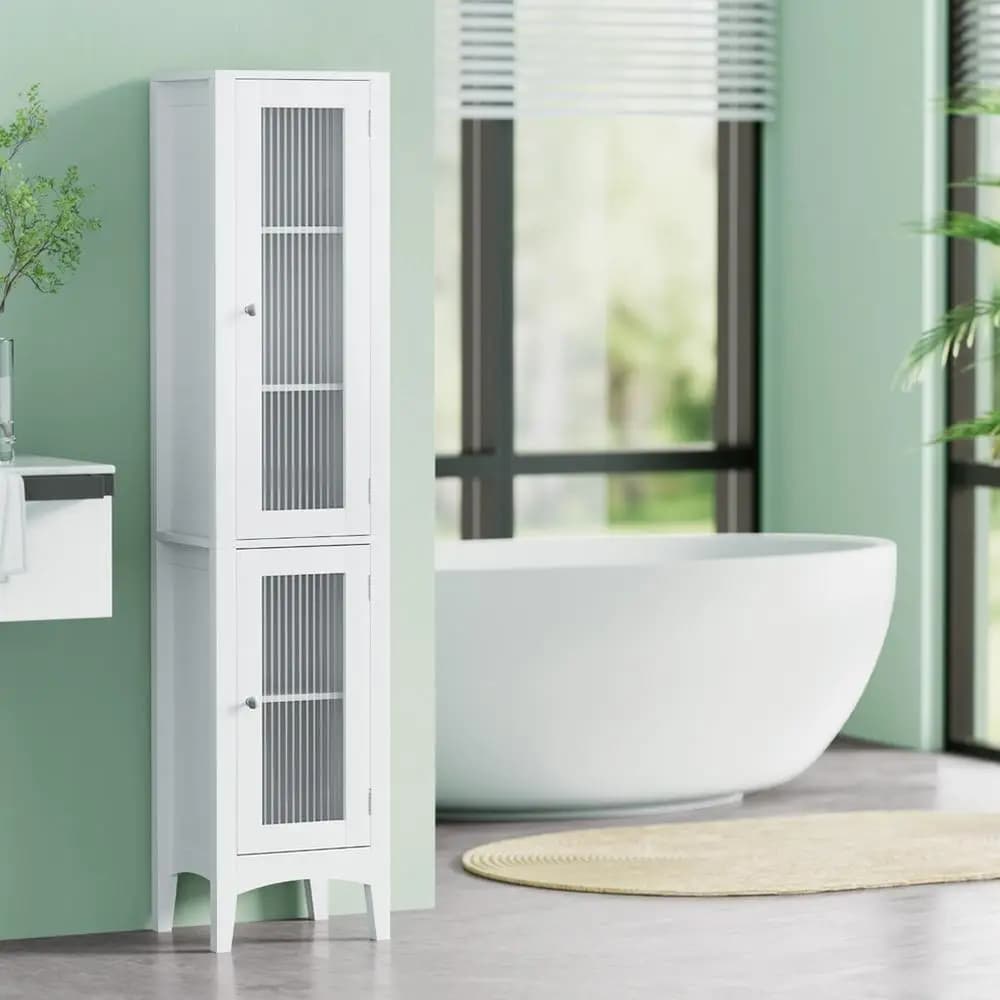 160cm Tall Slim Bathroom Storage Cabinet White Floor Cupboard With Glass Door Toilet Organizer Freestanding Narrow Storage Unit