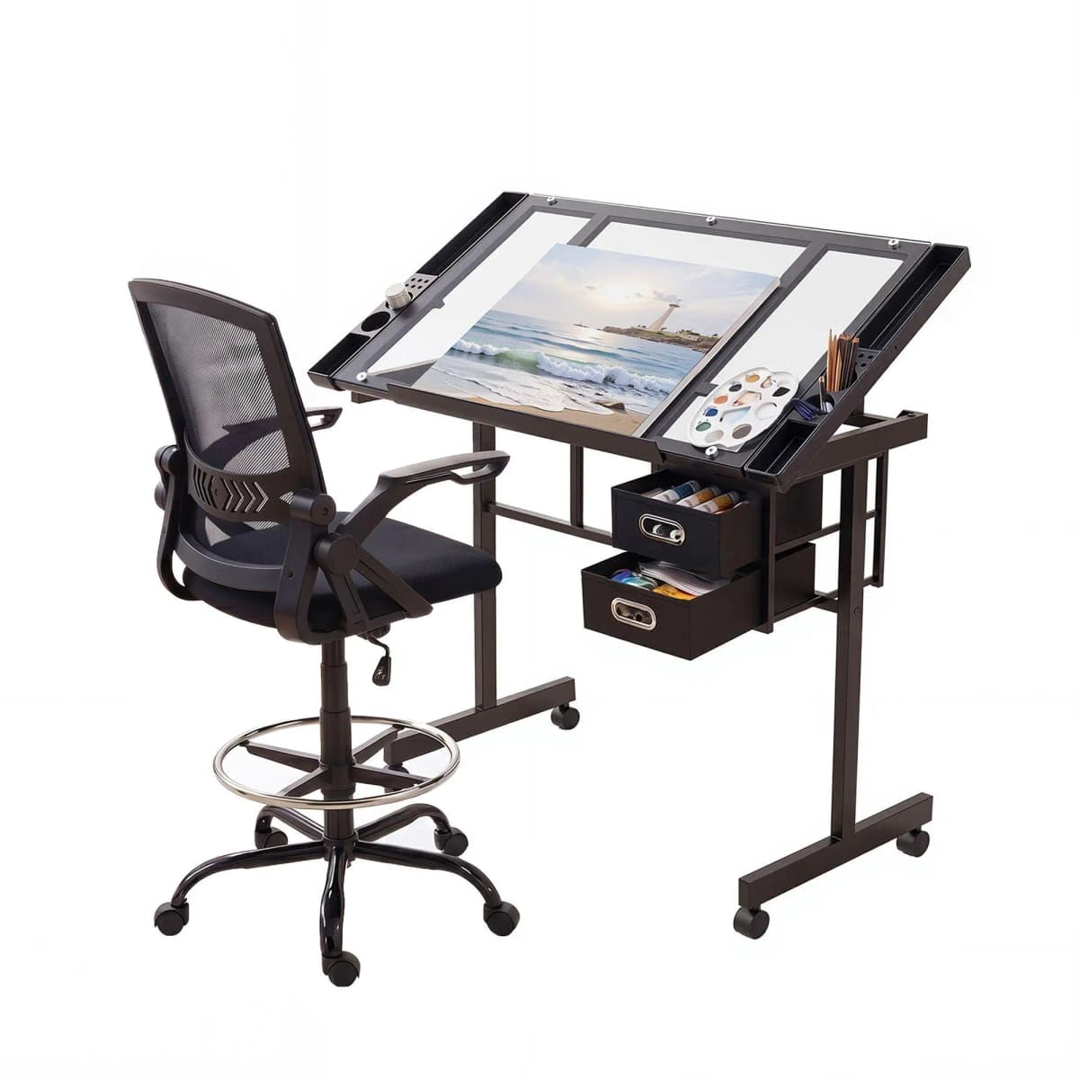 Adjustable Drawing Table with Ergonomic Office Chair Tempered Glass Desktop Removable Drawers Drafting Stool Height Adjustable for Art Painting Studio