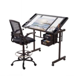 Adjustable Drawing Table with Ergonomic Office Chair Tempered Glass Desktop Removable Drawers Drafting Stool Height Adjustable for Art Painting Studio
