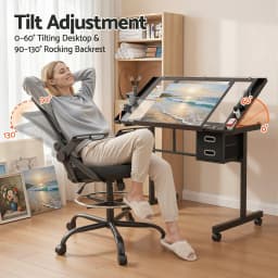 Adjustable Drawing Table with Ergonomic Office Chair Tempered Glass Desktop Removable Drawers Drafting Stool Height Adjustable for Art Painting Studio