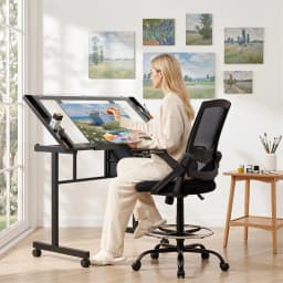 Adjustable Drawing Table with Ergonomic Office Chair Tempered Glass Desktop Removable Drawers Drafting Stool Height Adjustable for Art Painting Studio