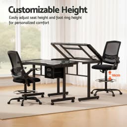 Adjustable Drawing Table with Ergonomic Office Chair Tempered Glass Desktop Removable Drawers Drafting Stool Height Adjustable for Art Painting Studio