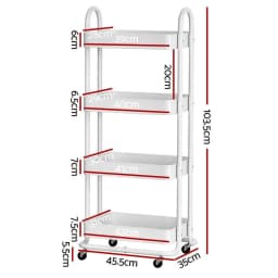 4 Tier White Kitchen Storage Trolley Cart Rolling Utility Organizer Shelf Metal Frame Mobile Storage Rack for Home Kitchen Bathroom Laundry