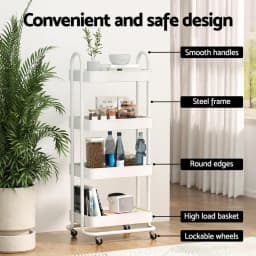 4 Tier White Kitchen Storage Trolley Cart Rolling Utility Organizer Shelf Metal Frame Mobile Storage Rack for Home Kitchen Bathroom Laundry