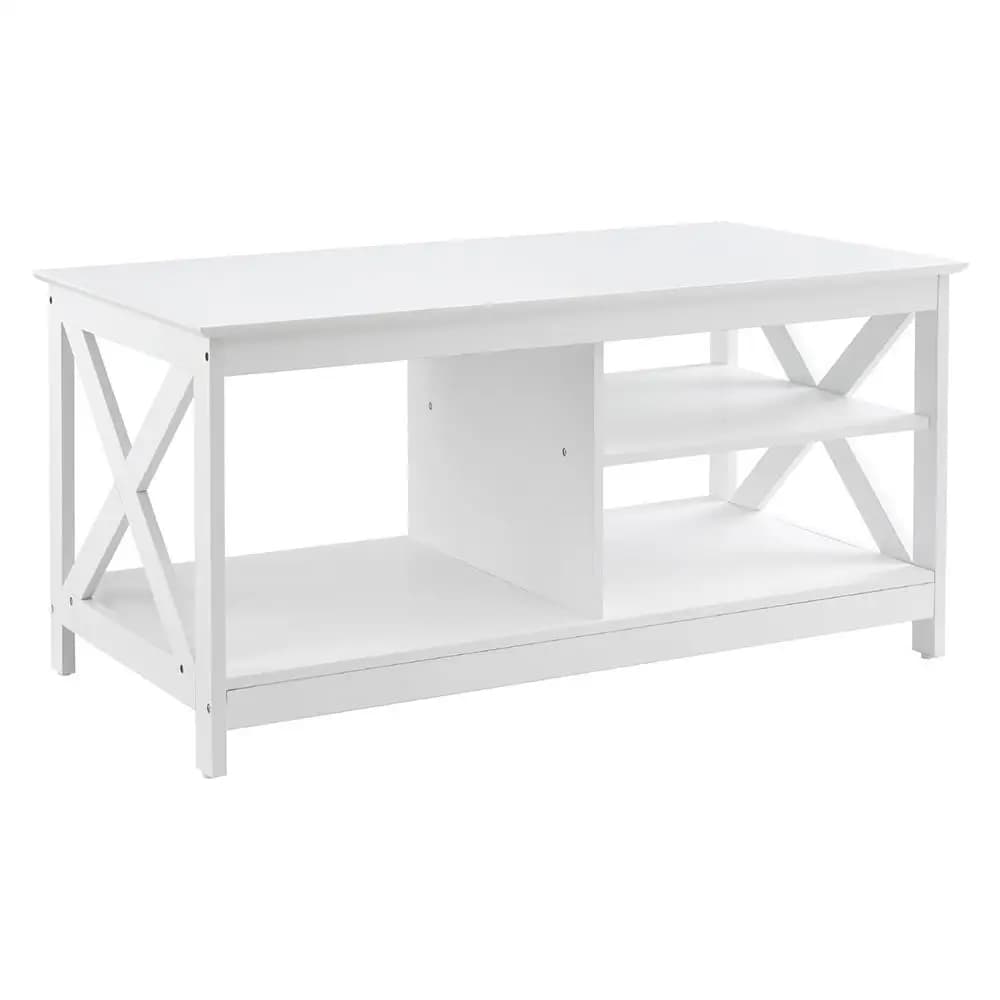 Modern White Coffee Table Storage Shelf for Living Room Compact Side Table with Open Shelves and Durable Wooden Design