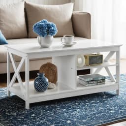 Modern White Coffee Table Storage Shelf for Living Room Compact Side Table with Open Shelves and Durable Wooden Design