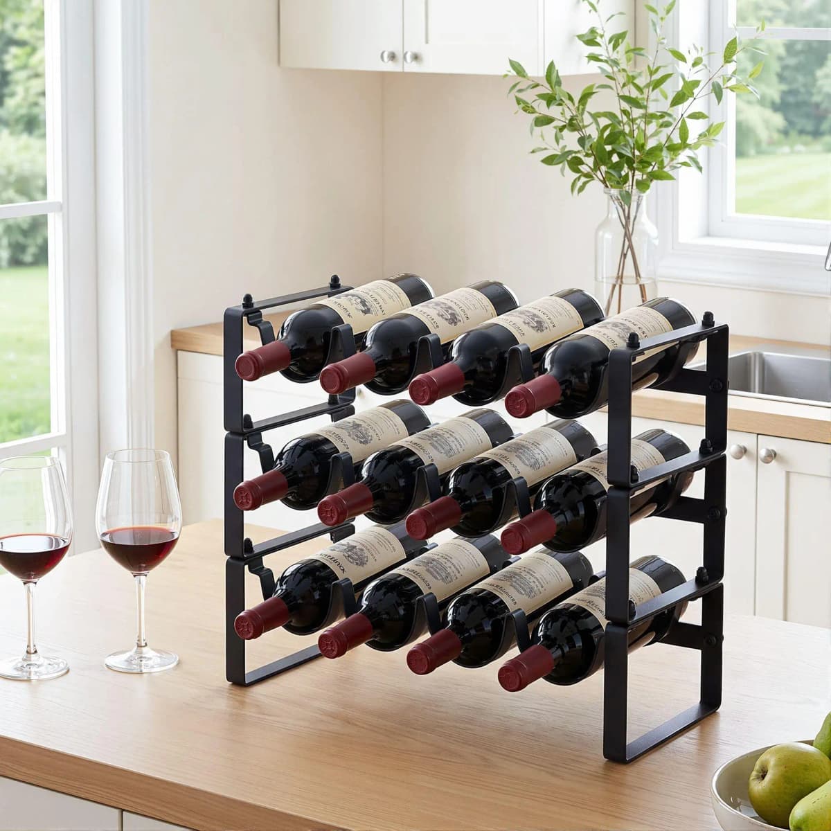 3 Tier Freestanding Metal Wine Rack for 12 Bottles Modular Countertop Bottle Display Shelf Black