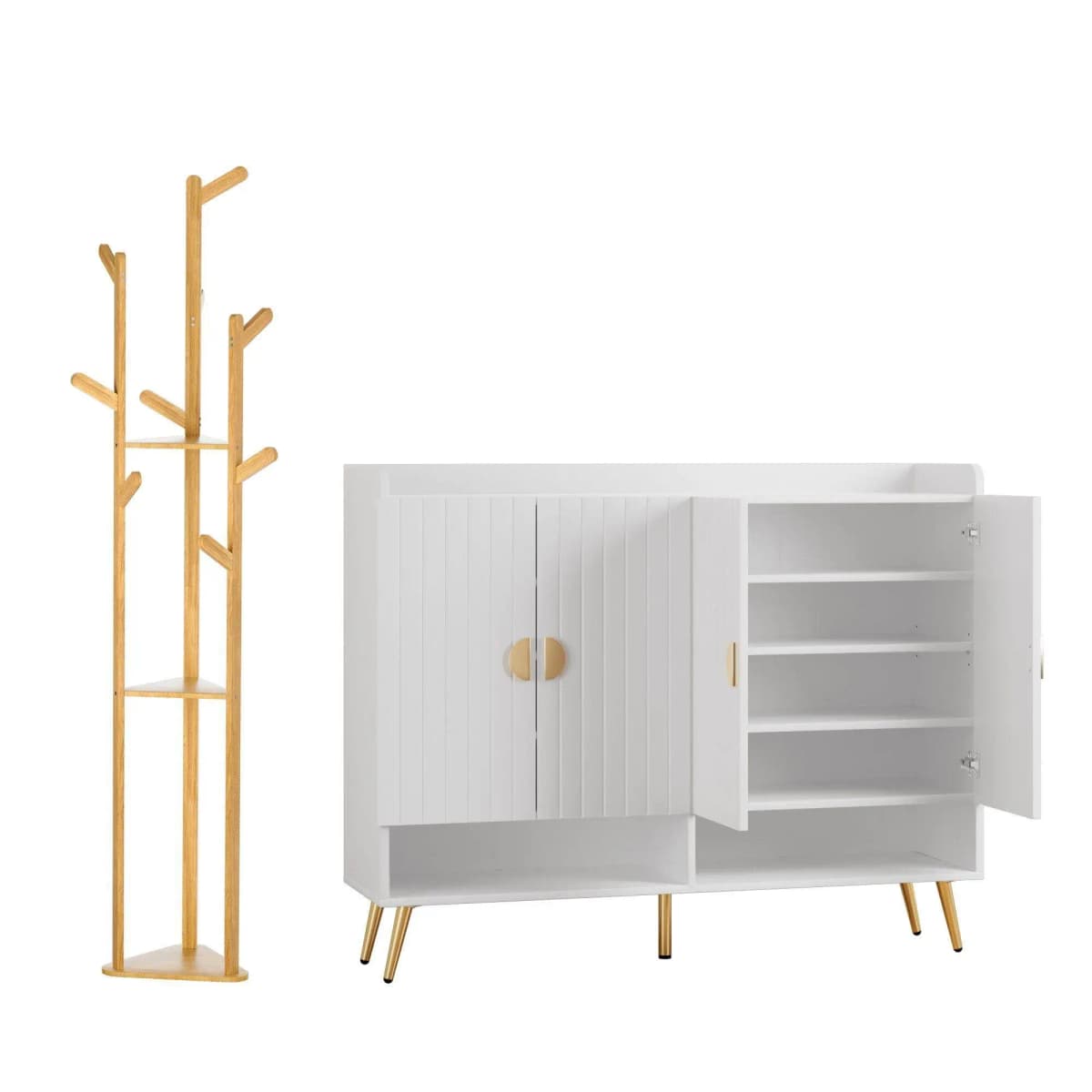 Shoe Rack Cabinet Clothes Rack Set White Pine Storage Shelf Organizer for Entryway Bedroom Home Furniture