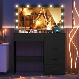 Modern Vanity Dressing Table, 3 Color Adjustable LED Mirror, 4 Drawers Storage Bedroom Makeup Furniture