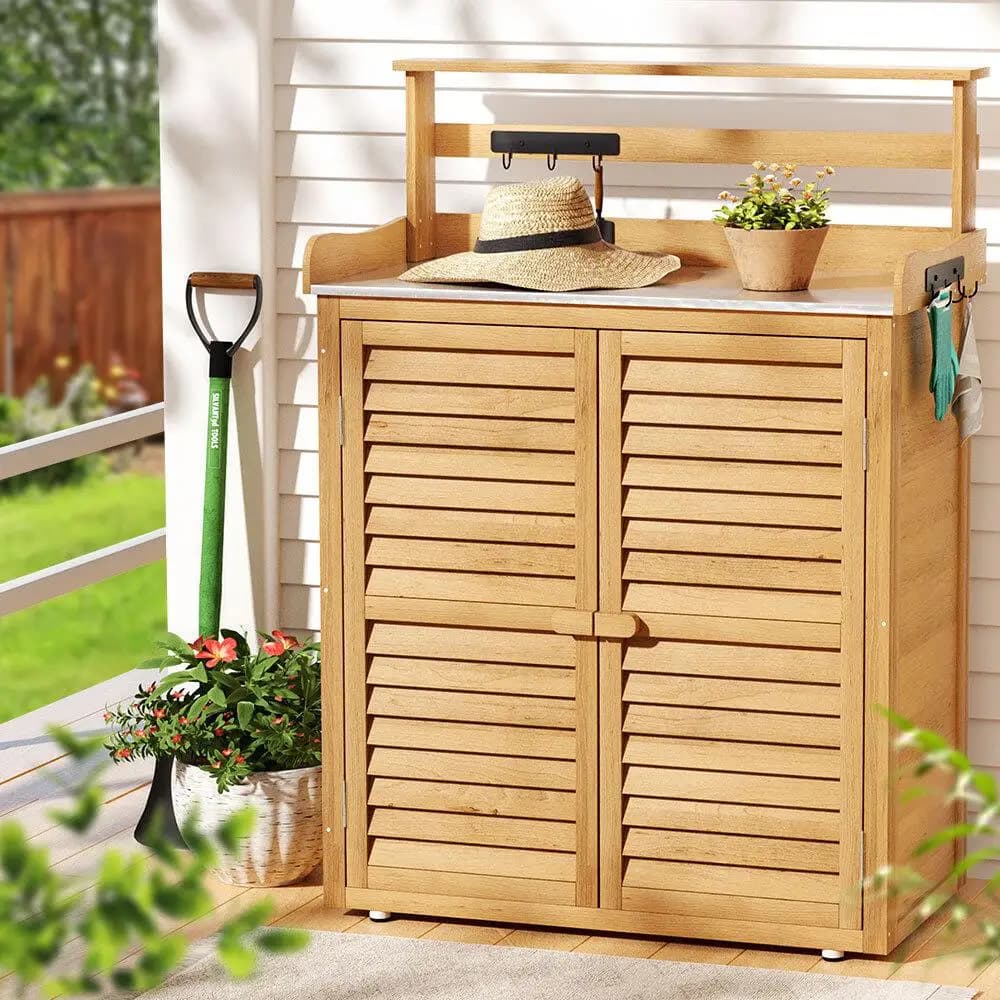Outdoor Garden Storage Cabinet Potting Bench Table Shelf Chest Shed Weather Resistant Durable Multi Purpose Organizer