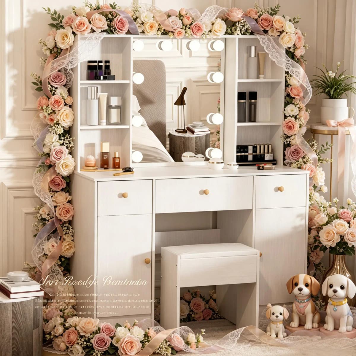 Modern Dressing Table, 10 LED Bulbs Vanity Mirror, 3 Color Dimmable HD Makeup Mirror for Bedroom