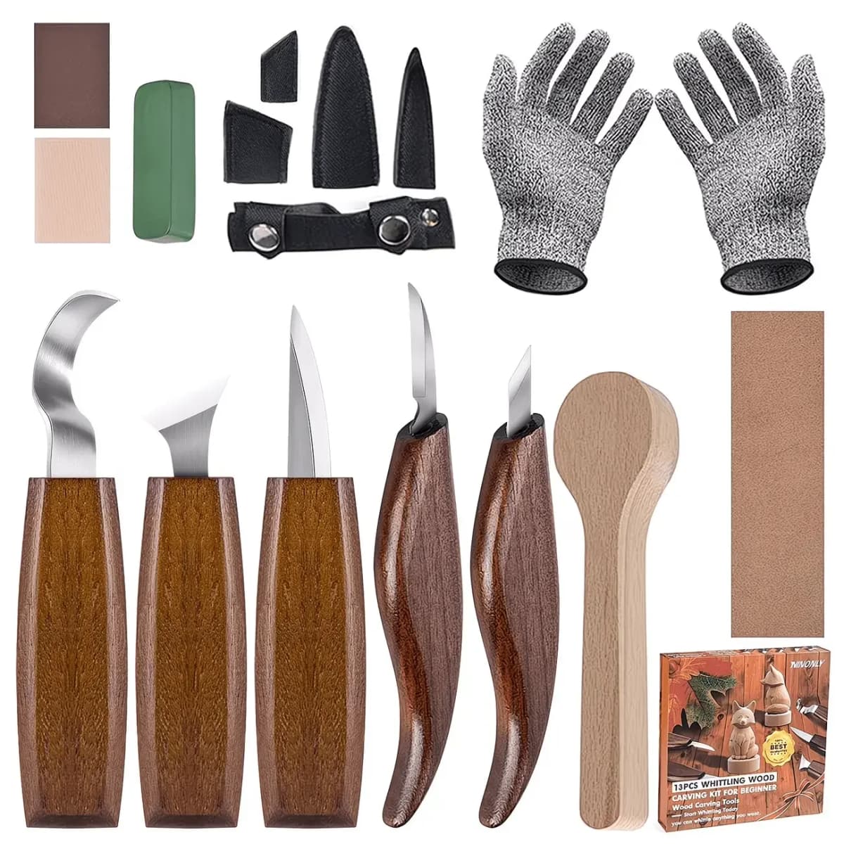 Woodcarving tools, complete woodworking operation set includes straight knives/curved knives/fine carving knives, safety cut-resistant gloves and a full set of sanding consumables, suitable for woodworking enthusiasts and handicraft classes