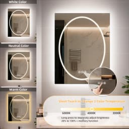LED Bathroom Mirror Oval in Square 600x800mm/700x900mm Wall Mounted Mirror with Lighting Anti-Fog 3 Color Correlated Temperature Memory Function Front & Back Light Smart Mirror Wall Mounted