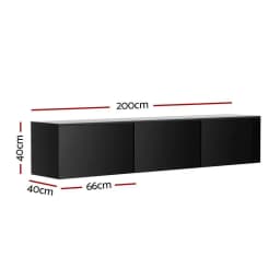 Modern High Gloss Black Floating TV Cabinet 200CM with 3 Cabinets Wall Mounted Entertainment Unit Storage Console