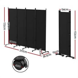 4 Panel Folding Room Divider Screen 217cm Black Fabric with Wheels Privacy Partition