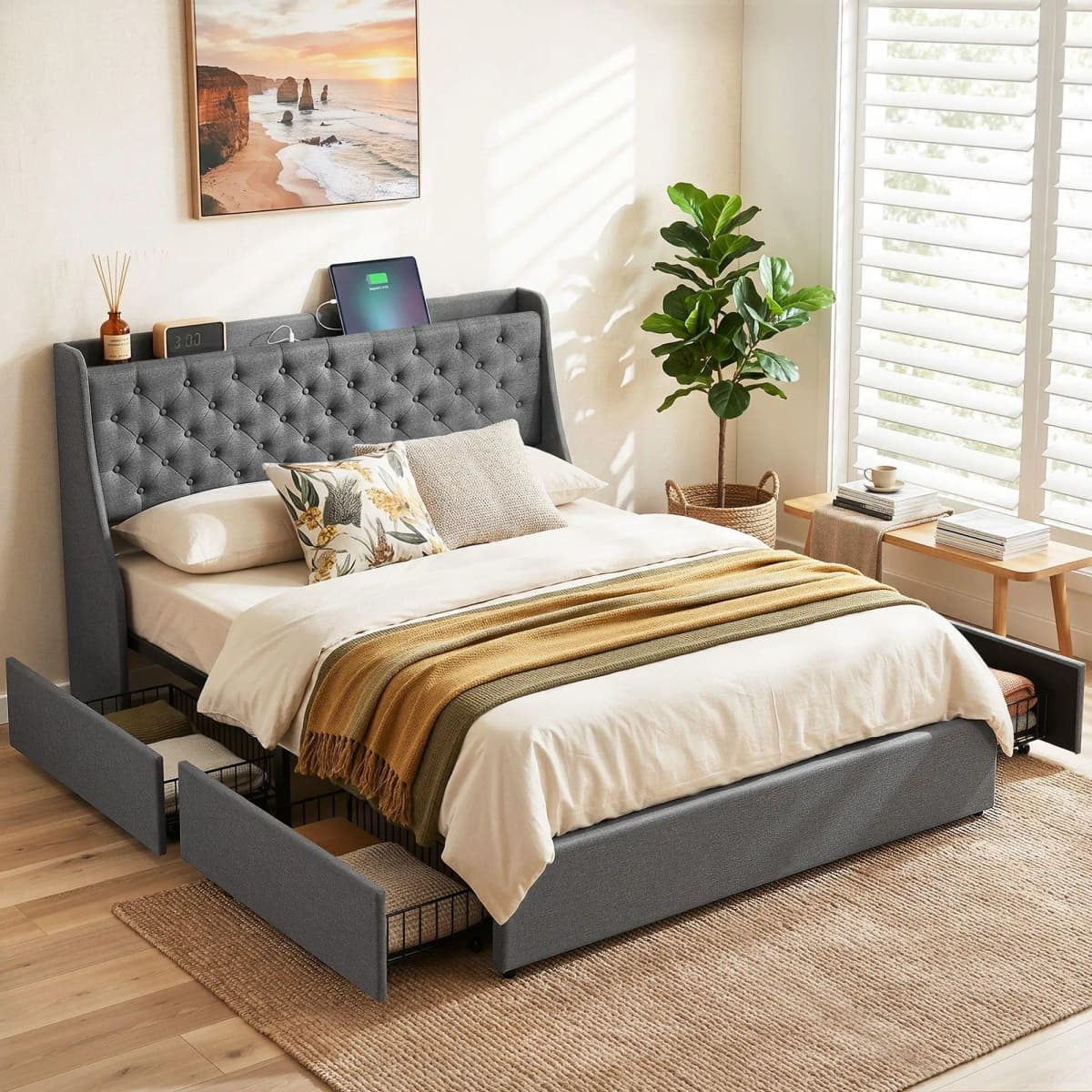 Queen Bed Frame with 4 Storage Drawers Charging Station Tufted Wingback Headboard 300kg Load Charcoal Grey