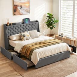 Queen Bed Frame with 4 Storage Drawers Charging Station Tufted Wingback Headboard 300kg Load Charcoal Grey