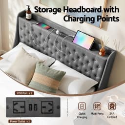 Queen Bed Frame with 4 Storage Drawers Charging Station Tufted Wingback Headboard 300kg Load Charcoal Grey