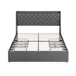 Queen Bed Frame with 4 Storage Drawers Charging Station Tufted Wingback Headboard 300kg Load Charcoal Grey