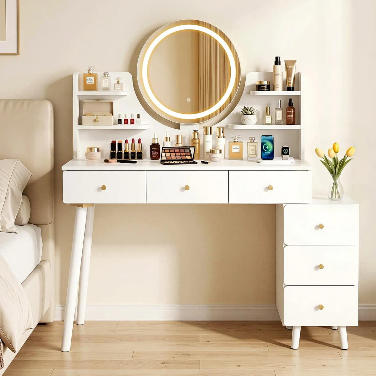 White LED Vanity Desk with Charging Station Dressing Table Makeup Desk Mirror Storage for Bedroom and Home Use