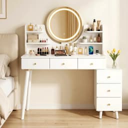 White LED Vanity Desk with Charging Station Dressing Table Makeup Desk Mirror Storage for Bedroom and Home Use