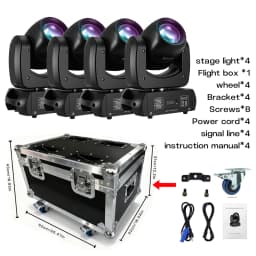 Professional 4pcs 120W RGBW Beam Spot Moving Head Lights + Aluminum Flight Case & Wheels – DMX Stage Lighting for DJ, Club, Wedding, Church