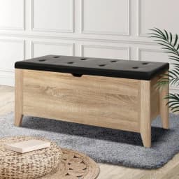 Leather Storage Ottoman Blanket Box Oak Finish Upholstered Bench Seat Chest for Bedroom Living Room Hidden Storage Organizer