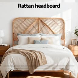 Double Bed Rattan Headboard Pine Wood Bed Frame Headboard Natural Woven Bedroom Decor
